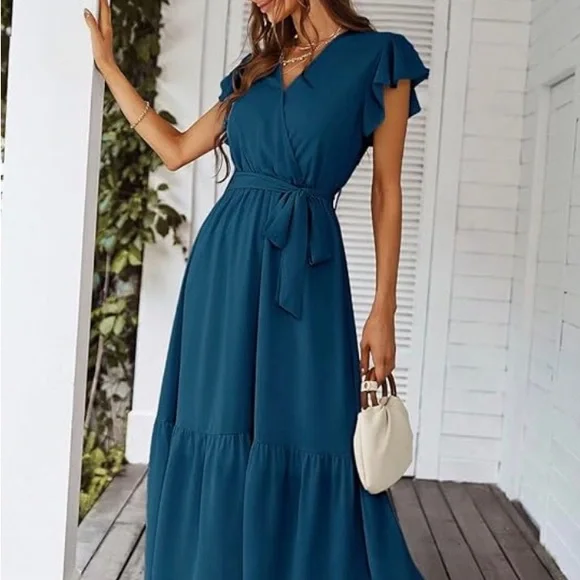 NWT PrettyGarden XXL flowy &flattering blue dress Wrap Vneck ruffle sleeve - Picture 5 of 10